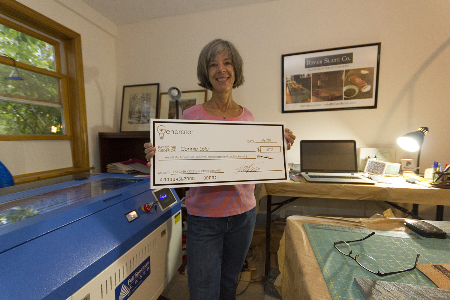 A big check of good wishes and encouragement from Generator, a Maker Space in Burlington, VT